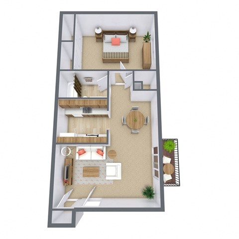 Floor plan for 1 bed, 1 bath, 755 sqft